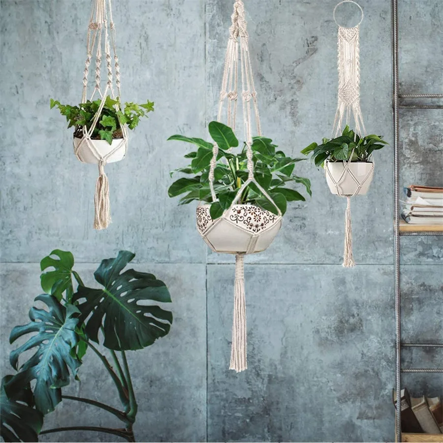 4pcs Plant Hanging Basket  Pot Net Pocket Set Cotton Twisted Rope Woven Flower Pot Hanging Rope Hanging Net Pocket Flower Pot