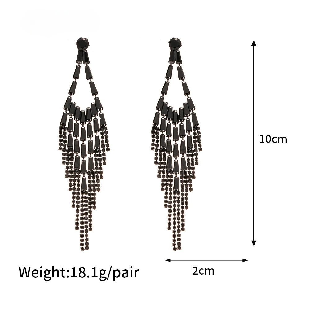Black Rhinestone Long Tassel Drop Earrings for Women Shiny Full Crystal  Dangle Earring for Wedding Party Lady\'s Ear Jewelry