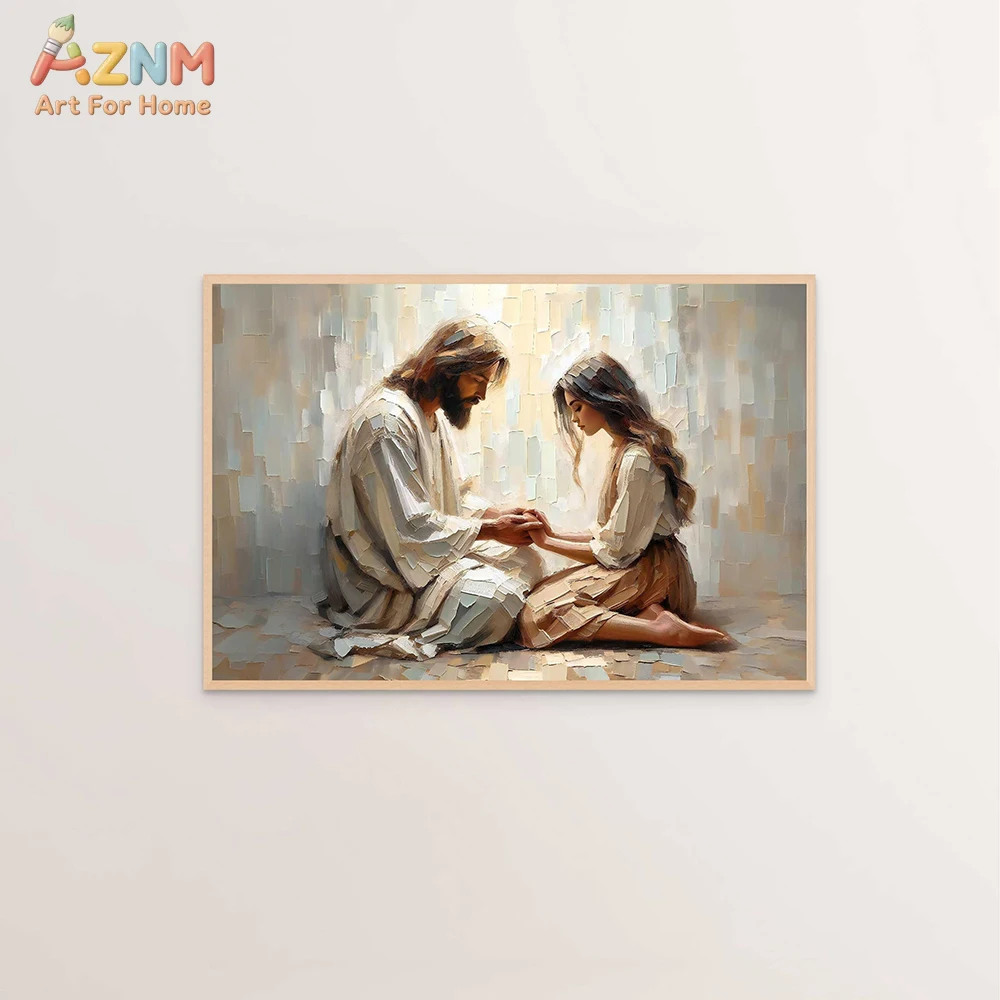 AZNM Jesus and the Lamb Canvas Wall Art, Religious Christian Oil Painting Print, Unframed Sacred Shepherd Poster for Faith Home