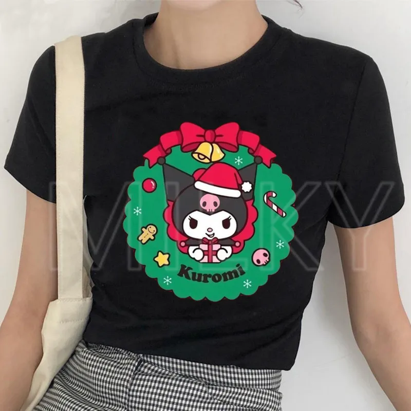 Cute Christmas Kuromi Graphic Print T-Shirt Women Casual Round Neck Loose Short Sleeve Tee Streetwear New Xmas Gifts Shirts