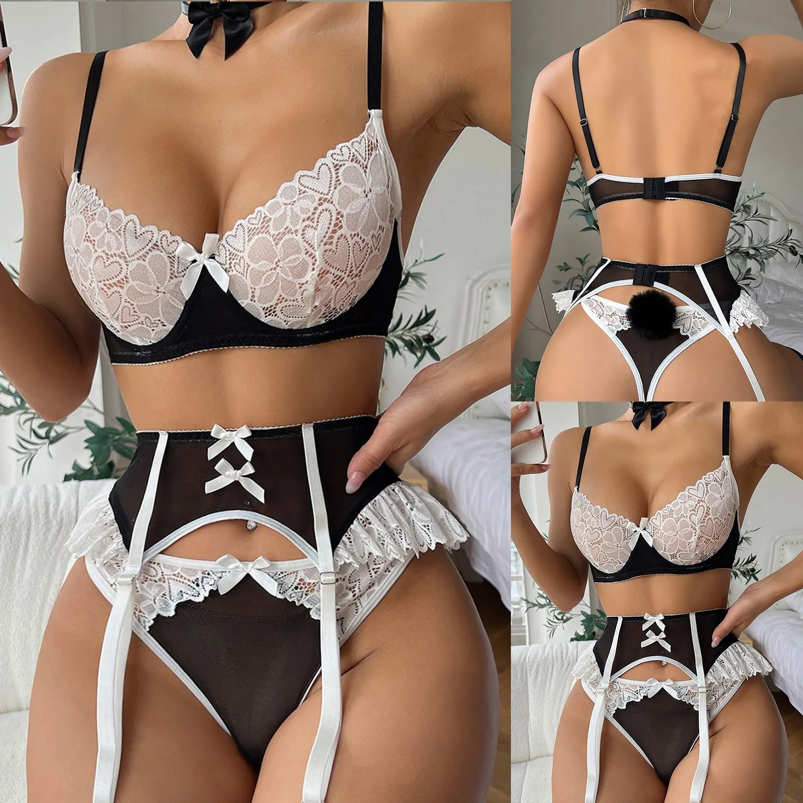 3 pcs sexy Bow Choker Maid Lace Patchwork Lingerie Set Women  Ruched Ball Brief Garter Kit  G-string Lingerie Erotic Sets