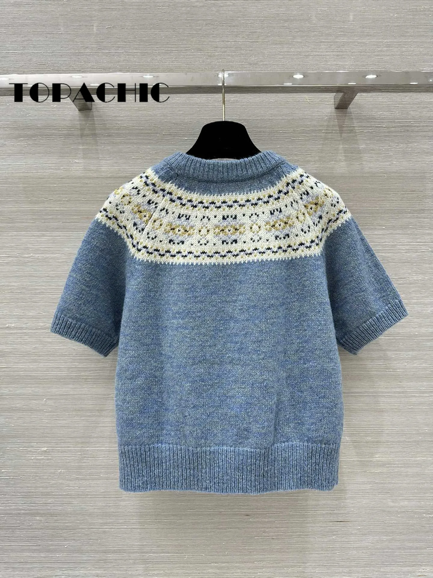 9.28 TOPACHIC-Women Letter Contrast Color Print Short Sleeve Knitwear Sweet Temperament Single Breasted Wool Knit Cardigan