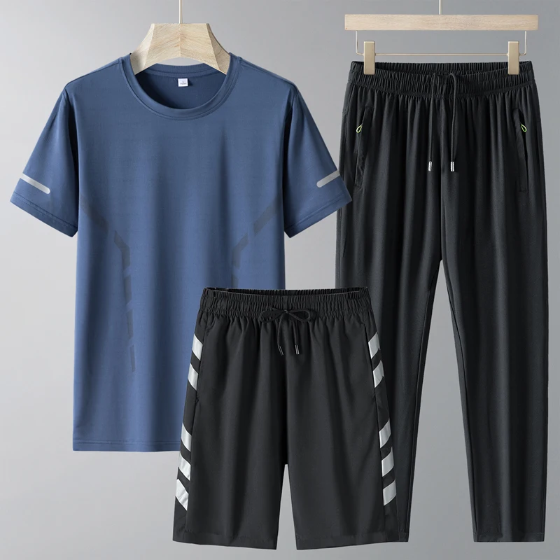 Summer Men's Pullover Short Sleeve Crew Neck T-shirt High Waisted Pockets Drawstring Elastic Long Pants Shorts England Sets