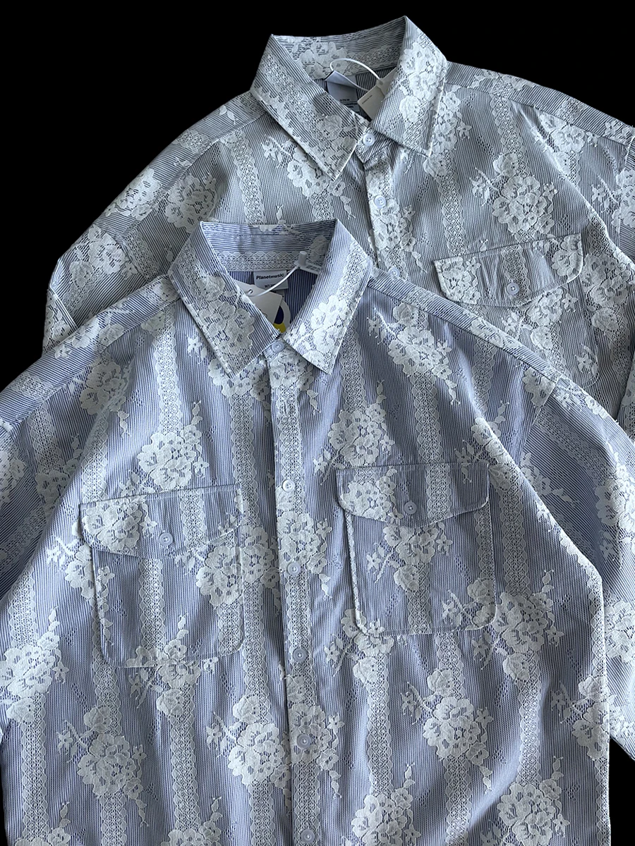 

Heavyweight Design Korean Style Lace Hook Splicing Long Sleeve Men's Denim Shirt Anti-Wrinkle Shape Pocket Casual Shirt