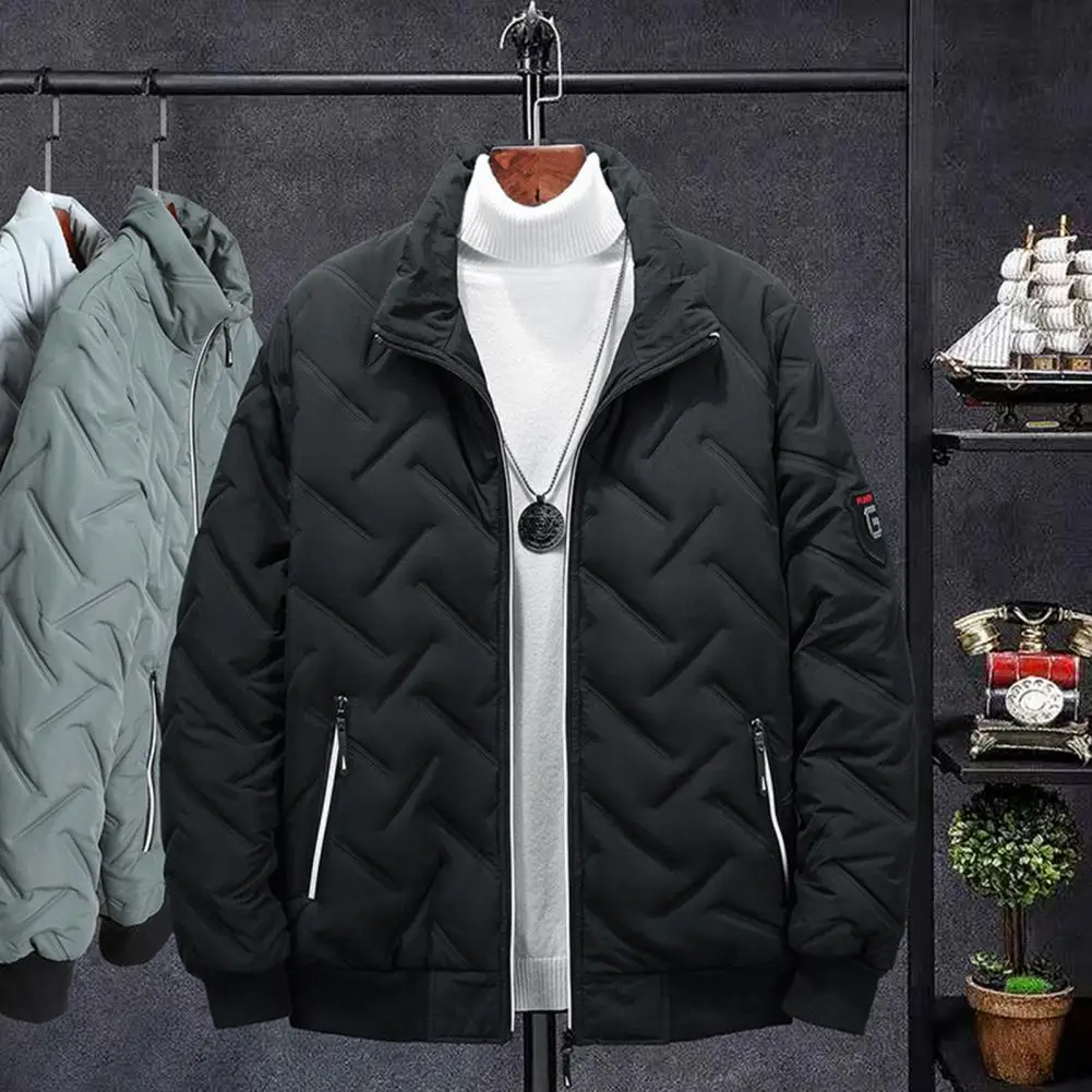 Men Cotton Padded Jacket T Pattern Stand Collar Solid Color Coldproof Pockets Coat Ribbing Bottom Pockets Jacket Streetwear