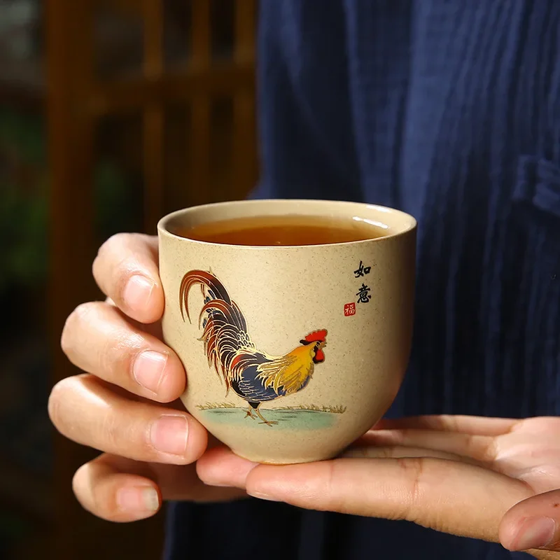 1 Pc Antique Handmade Ceramic Teacup Hand Painted Cock Pottery Tea Cup Travel Portable Tea Bowl Pu\'er Master Cup Chinese Tea Set