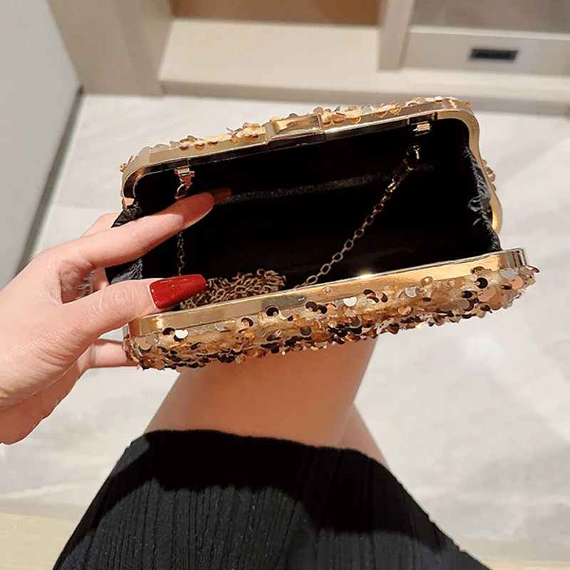 New Vintage Gold Glitter Sequined Clutch Bags for Women Ladies Single Shoulder Handbag for Formal Evening Party Evening XA41ZD