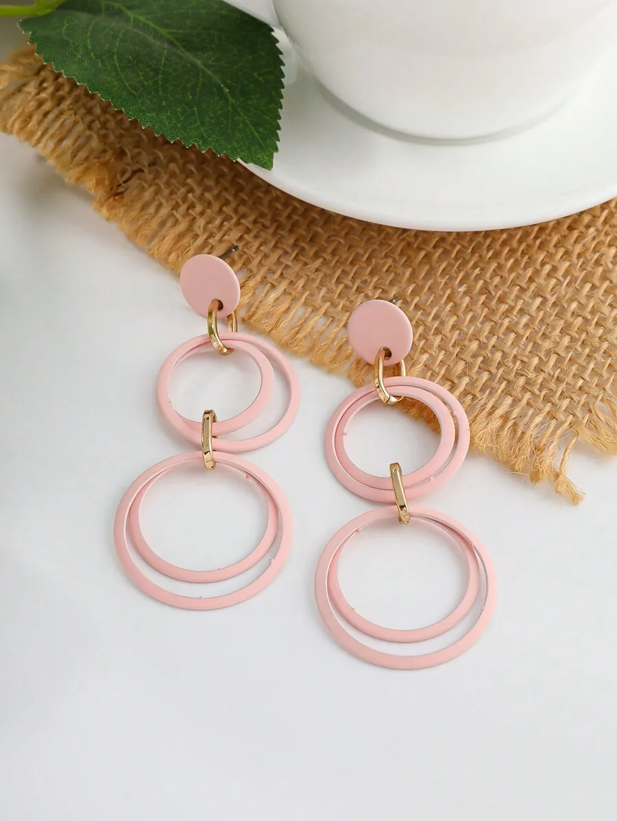 

Pink Geometric Double Circle Enamel Earrings For Women Daily Wear