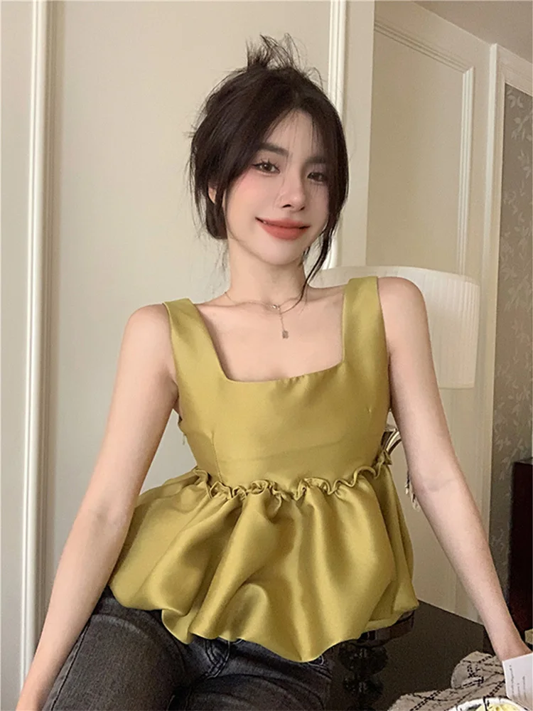 2023 New Summer French Vintage Fashion Satins Camisole Women Sleeveless Crop Top Draped Design Classical Solid Color Aesthetic