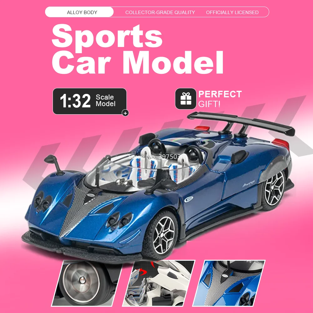 

1:32 Pagani Zonda HP Huayra BC Toy Car Alloy Diecast Miniature Model Pull Back Doors Opened Rubber Tire Metal Body Cars Fan Gift