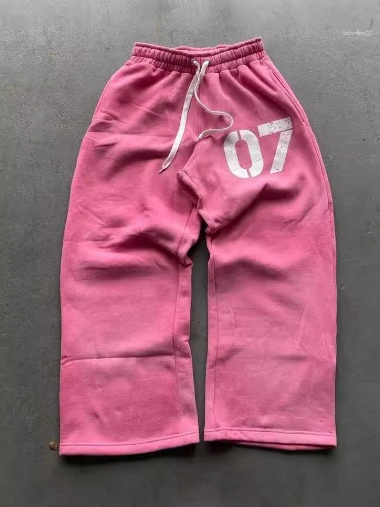 

HOUZHOU Y2k Pink Graphic Women Sweatpants Gray Wide Leg Jogging American Vintage Man Trousers Casual Baggy Hip Hop Streetwear
