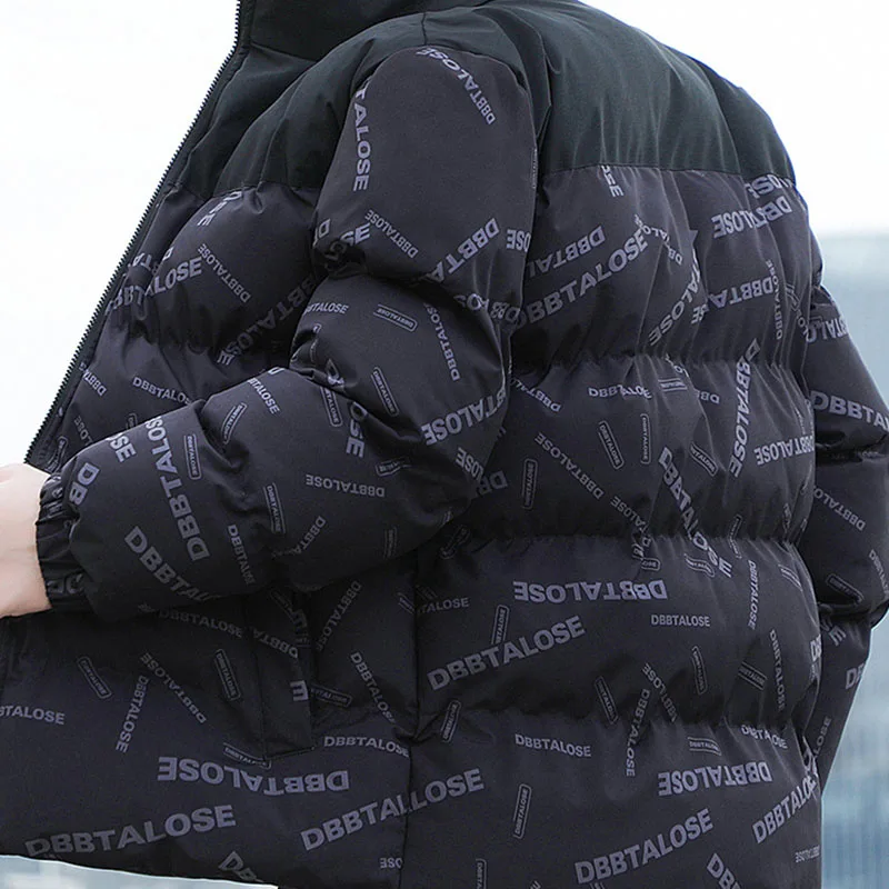 2023 New Winter Thicken Warm Down Cotton Coat Fashion Casual Splice Loose Bread Jacket Cardigan Print Male Outerwear