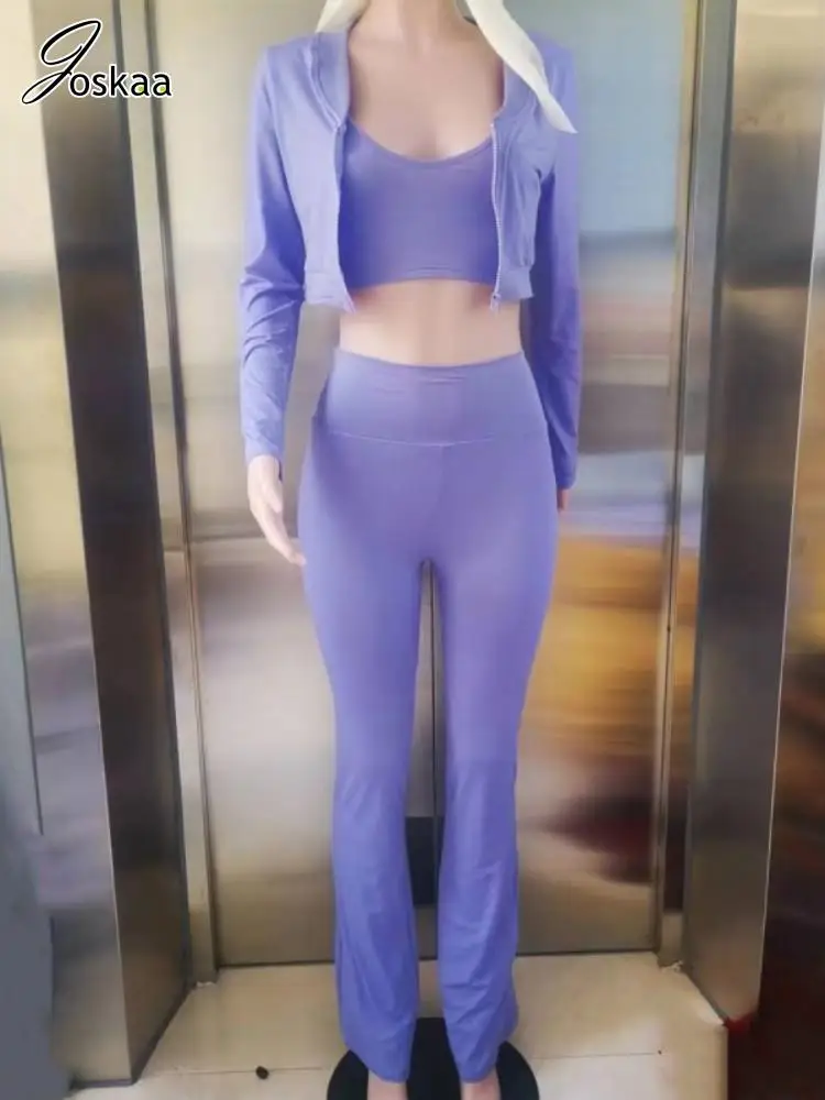 Joskaa casual desportivo 3 peça define feminino hipster manga longa zip colheita topos + colete + alta wasit calças largas combinando fatos de treino