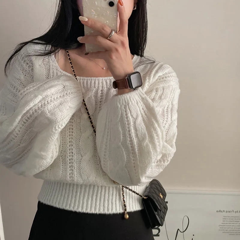 Zoki Korean Lantern Sleeve White Sweaters Women Sweet Casual Loose Knitted Pullovers Vintage Square Collar Lady Cute Design Tops