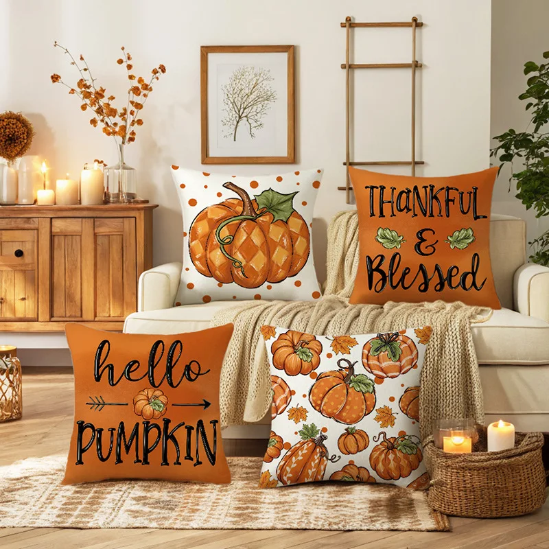 

2pcs 2025 Autumn Harvest Festival Imitation Line Print Pumpkin Thanksgiving Pillow Cover Sofa Cushion Cove