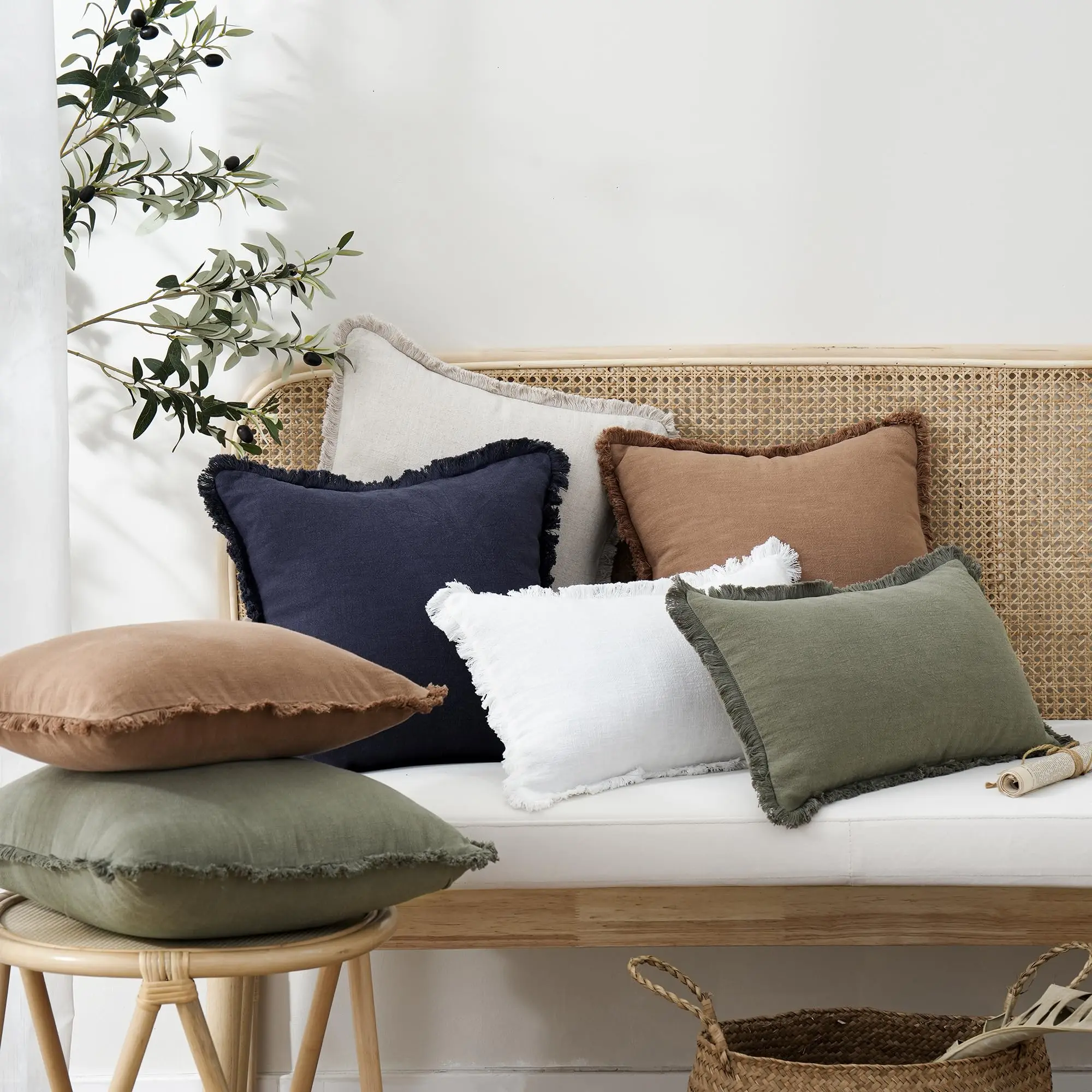 Set of 2 Decorative Linen Fringe Lumbar Throw Pillow Covers Boho Farmhouse Cushion Cover with Tassels Soft Pillowcase for Couch