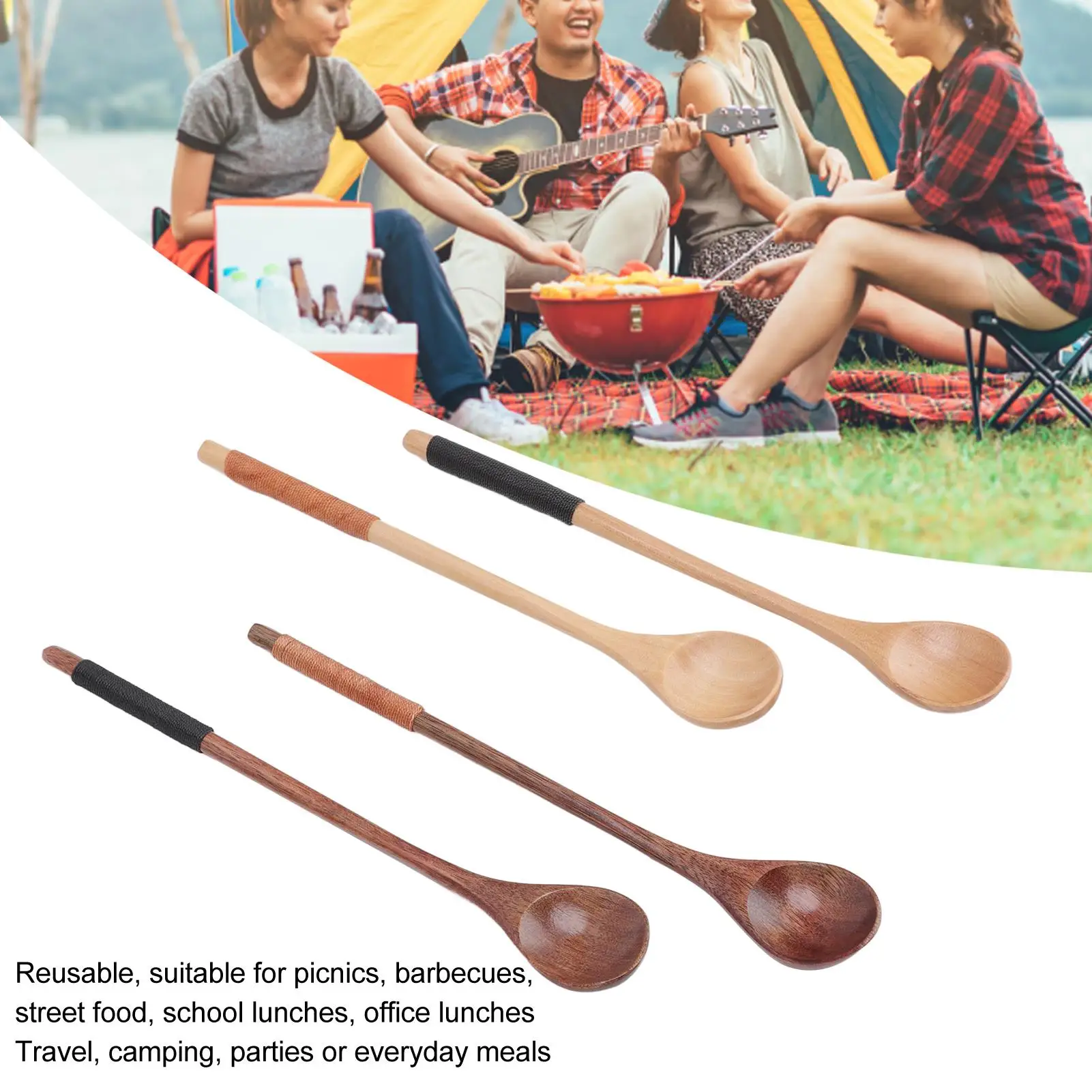 Eco-Friendly Long Handle Wooden Spoon Set Lightweight Comfortable  Rustproof Kitchen Stirring Utensils
