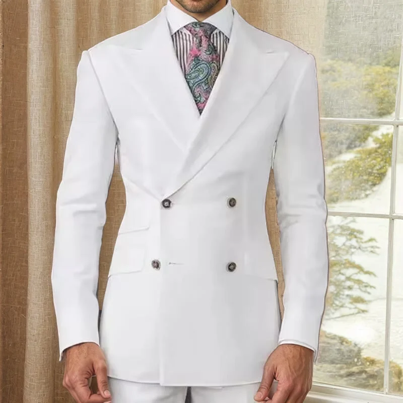 

White Silm Fit Formal Suits for Men Double Breasted Peaked Lapel Groomsmen Wedding Tuxedo Male Suit Fashion African Jacket Pants