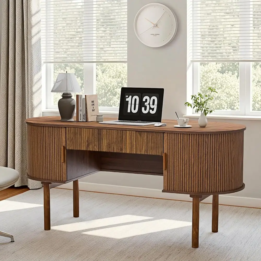 

63 Walnut Executive Office Desk with Drawer and File Cabinet, Large Computer Workstation for Home or Office