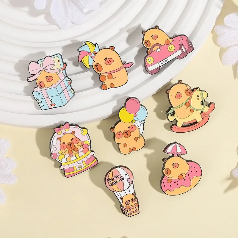 Cute Capybara Enamel Brooch Lapel Pin Gacha Machine Hot Air Balloon Car Wooden Horse Doughnut Capybara Badge Jewelry Friend Gift