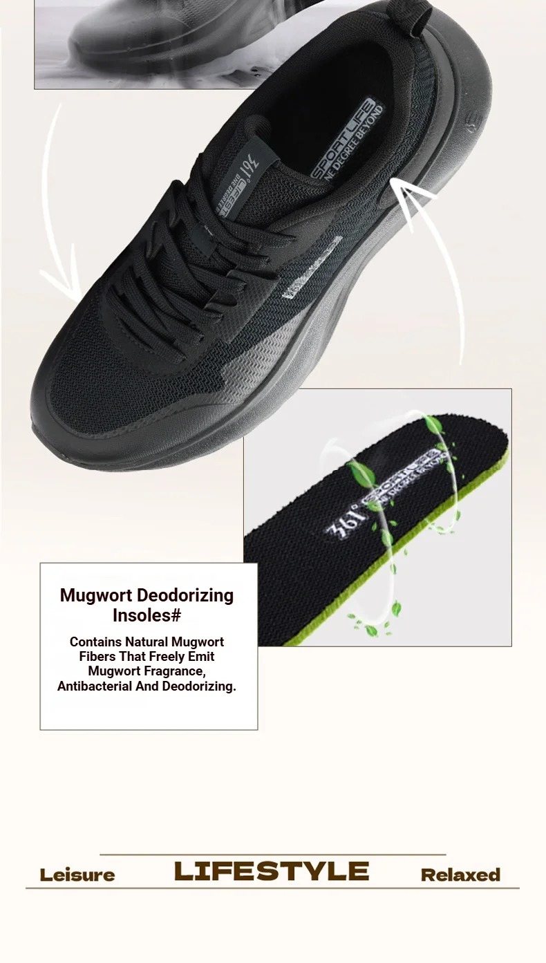 361 Degrees Herren-Freizeitschuhe, weiche Sohle, elastisch, bequem, atmungsaktiv, schwarze und weiße Mesh-Sneaker für Männer 672616702 – Detail 7