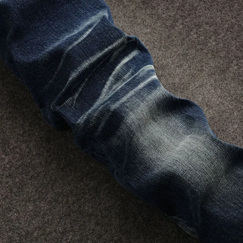 Designer Fashion Men Jeans Retro Washed Blue Stretch Slim Fit Ripped Jeans Men High Quality Y2K Vintage Casual Denim Pants