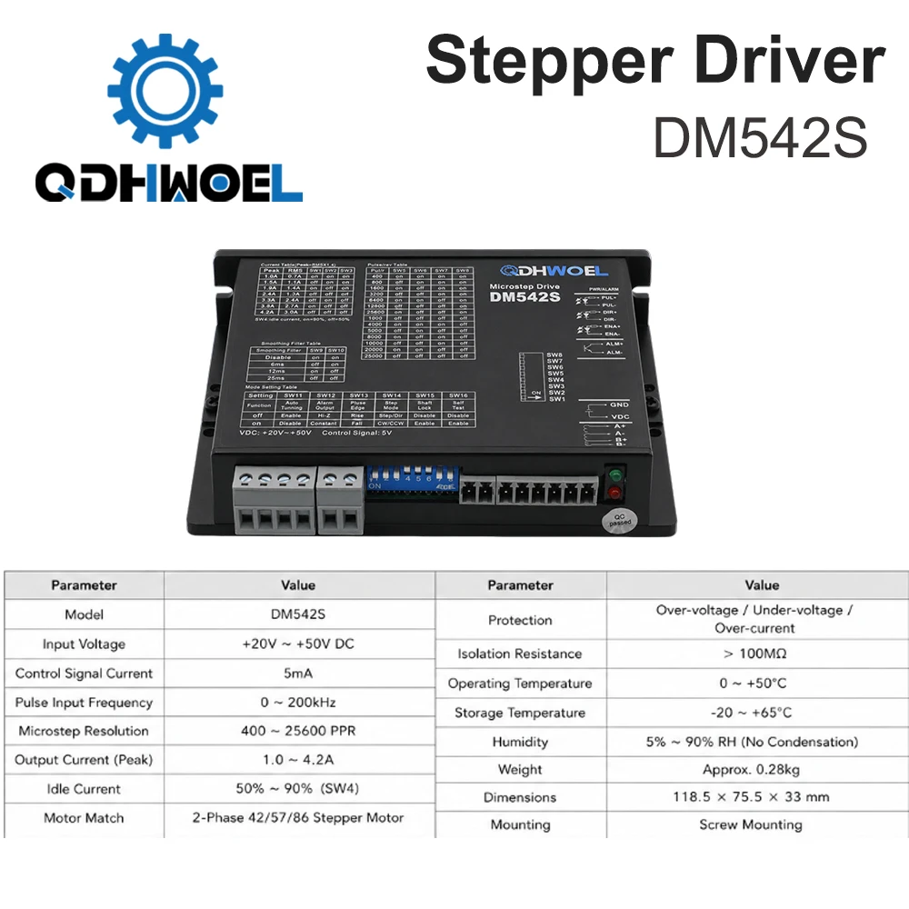 QDHWOEL DM542S Open Loop Stepper Motor Driver 18-50VDC 1.0-5.0A for NEMA 17 23 CNC Laser Engraving Machine