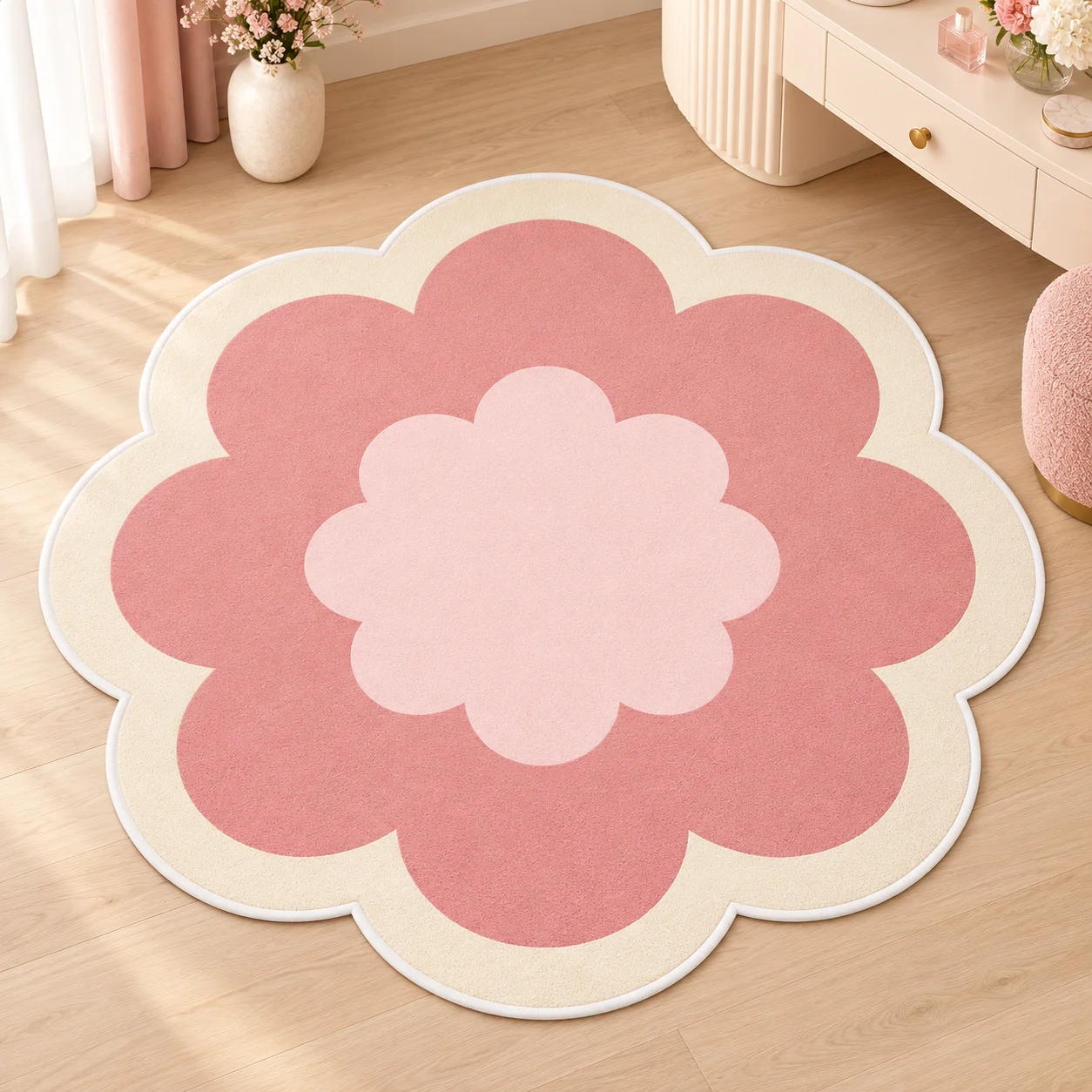 Pink Retro Flower Shaped Area Rug, Soft Pastel Floor Mat for Bedroom Living Room Dressing Area, Cute Modern Home Decor Gift