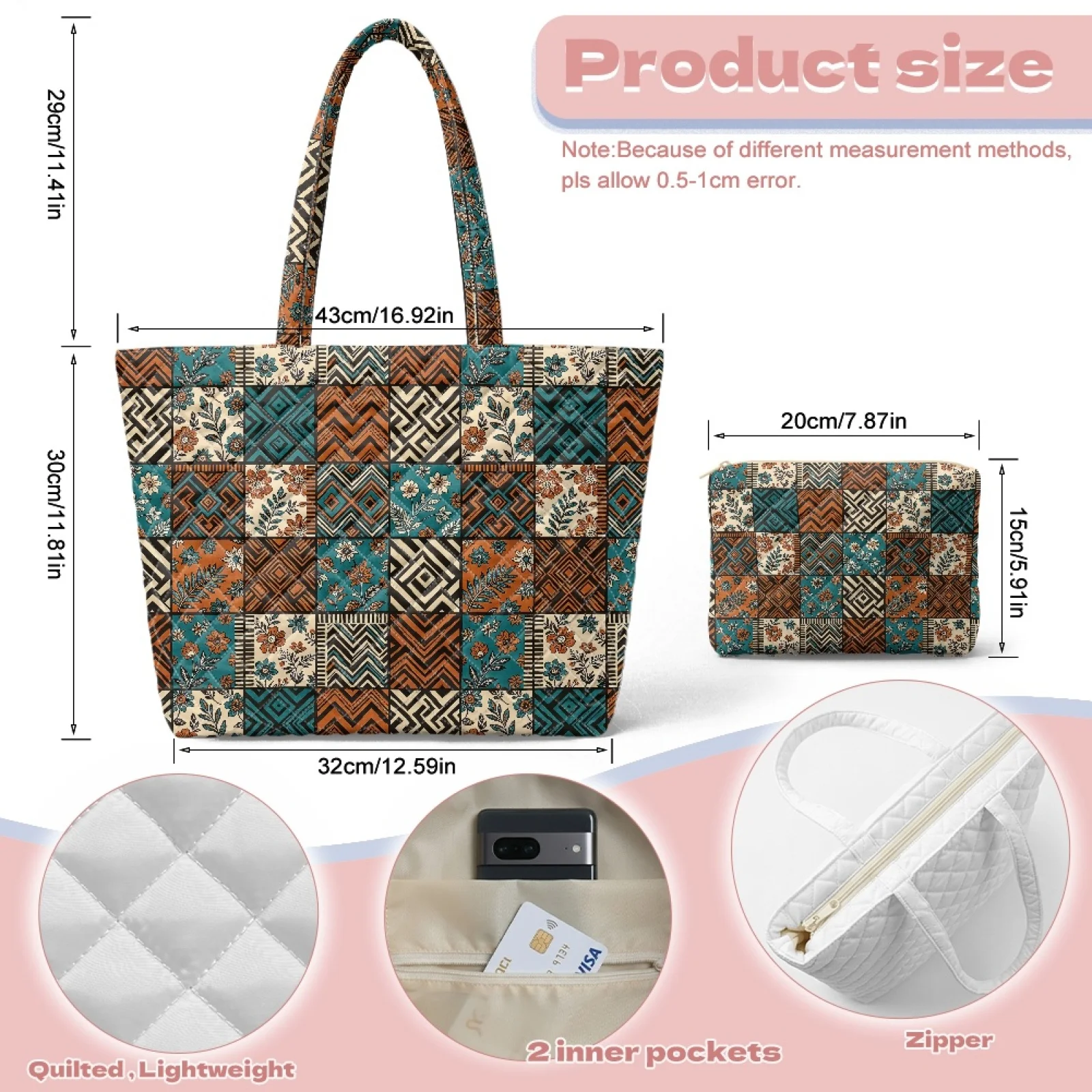 Coloranimal Otter Shell Design 2 Pack Quilted Tote Handbag with Cosmetic Bag for Excursions Lightweight for