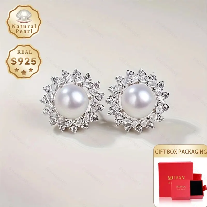

Mufan Jewelry Gift Box Set S925 Silver 8-9mm Flat round Natural Freshwater Pearl Earrings Women's Fashion Earrings Star Cloud