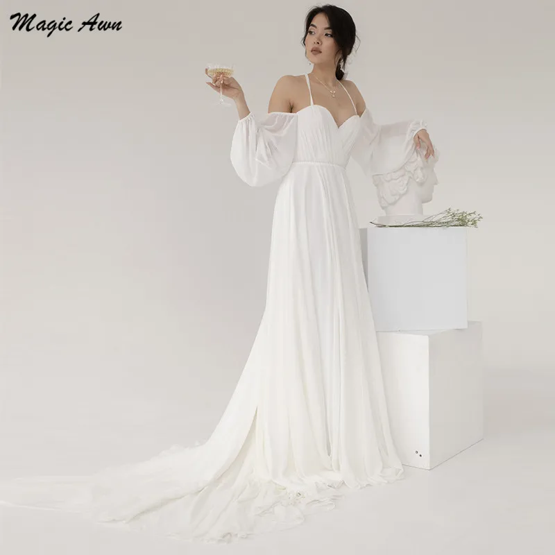 

Magic Awn Boho Chiffon Wedding Dresses Long Sleeves Criss Cross Back A-Line Beach Bridal Gowns For Women Vestidos De Novia