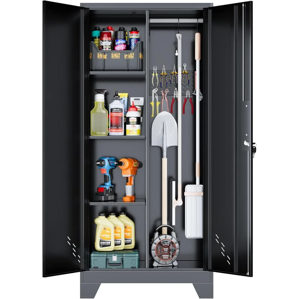 

61 H Broom Closet Cabinet, Metal Storage Cabinet with Lockable Doors and Pegboard, Utility Closet for Brooms and Mops, Tool Cabi
