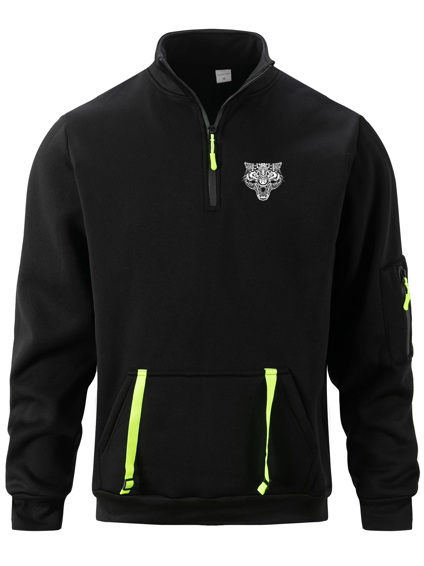 New men's spring-autumn pullover with zipper stand collar, sport print pattern on the arm, pure color top