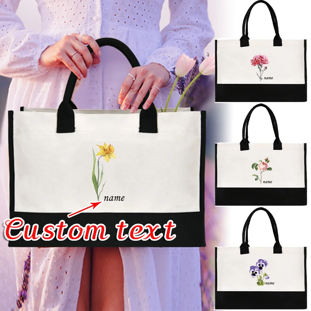 Personalized Customized Name Women Shopping Bags Portable Eco Organizer Pouch Large Summer Beach Handbags Linen Shopper Tote