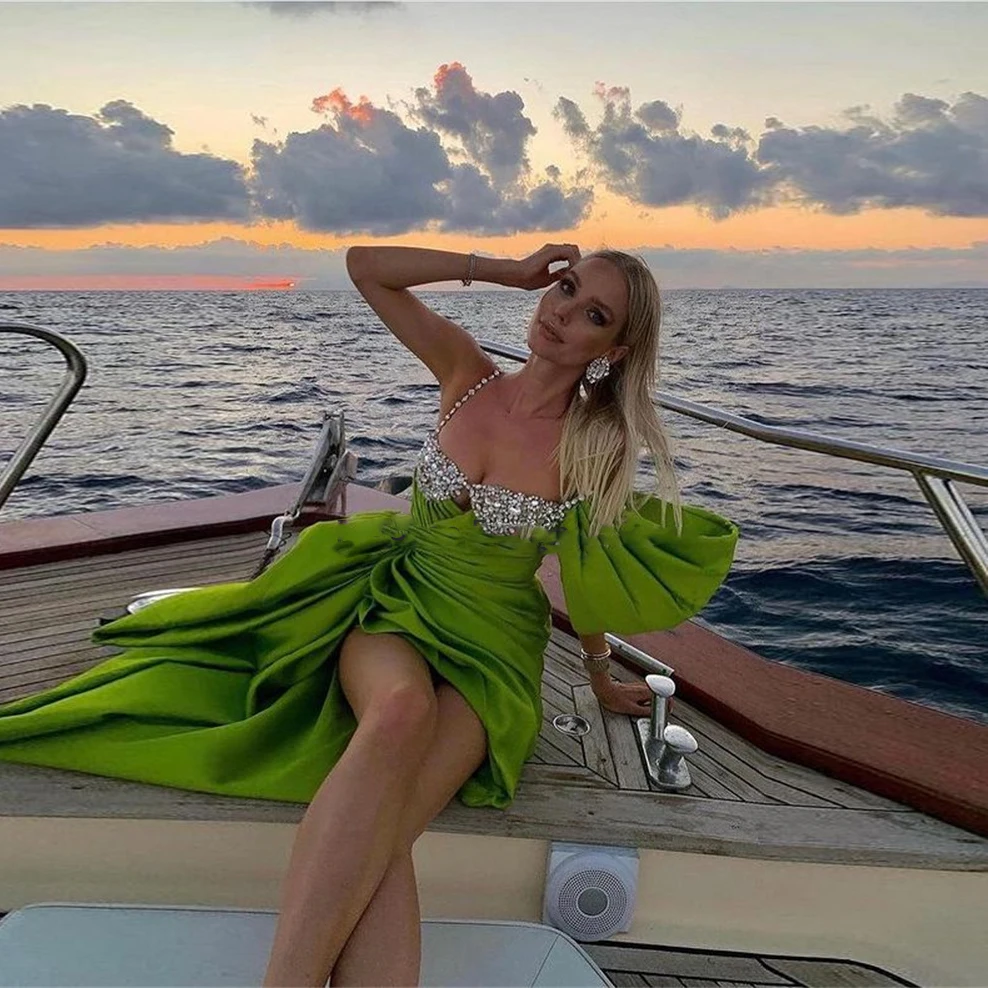 فستان سهرة Prom Dress Crystals Mini Boho Dresses Short vestidos curto Green Spaghetti Prom Party Gowns Above Knee Length Satin