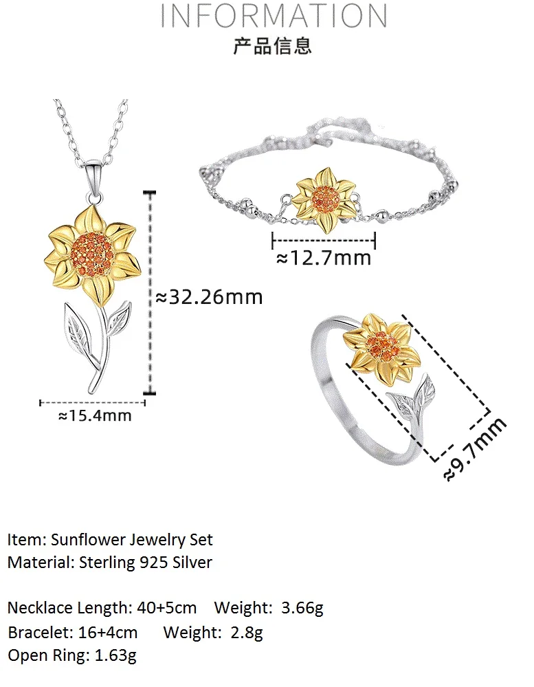 Ensemble de collier et de matiques fleur de soleil, argent 925, chaîne à deux couches, pendentif et anneau ouvert, ensemble de bijoux d'été