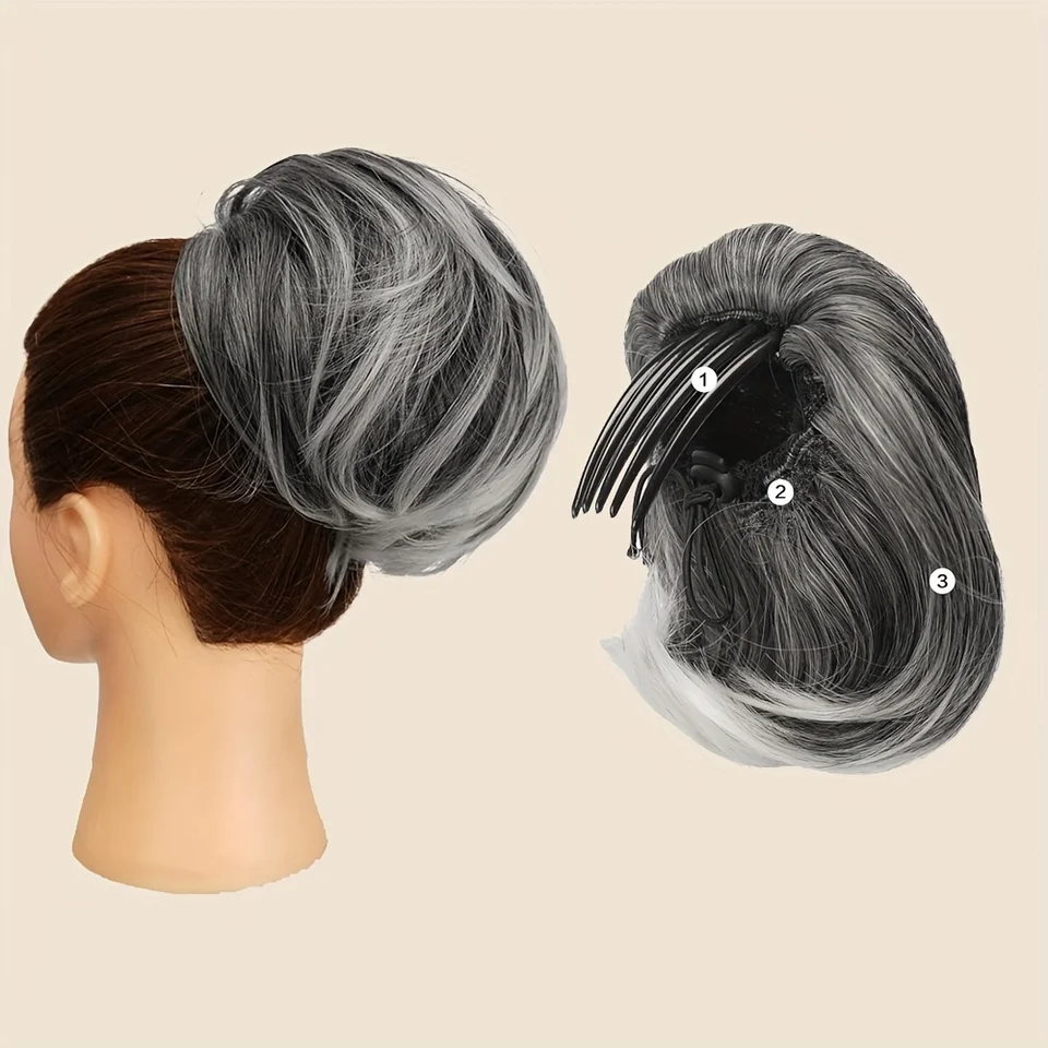 Moño de cabello sintético gris plateado liso, fácil de poner con cordón y clip, estilo básico 3