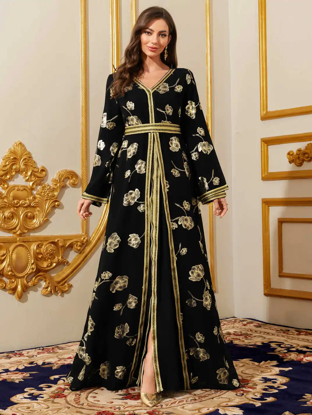 

Abaya for Women Floral Embroidered Muslim Dress V-Neck Arabian Maxi Robe