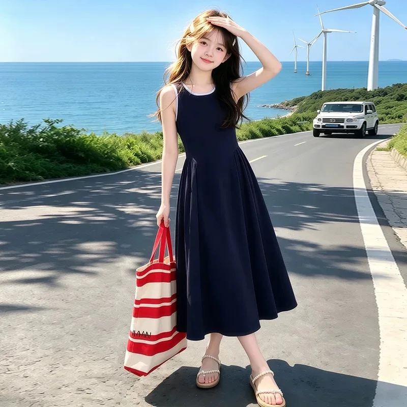 Girls' Vest Dress, New Summer Style, Fashionable Academic for Little Girls, Children's Navy Blue Knee-length Dress