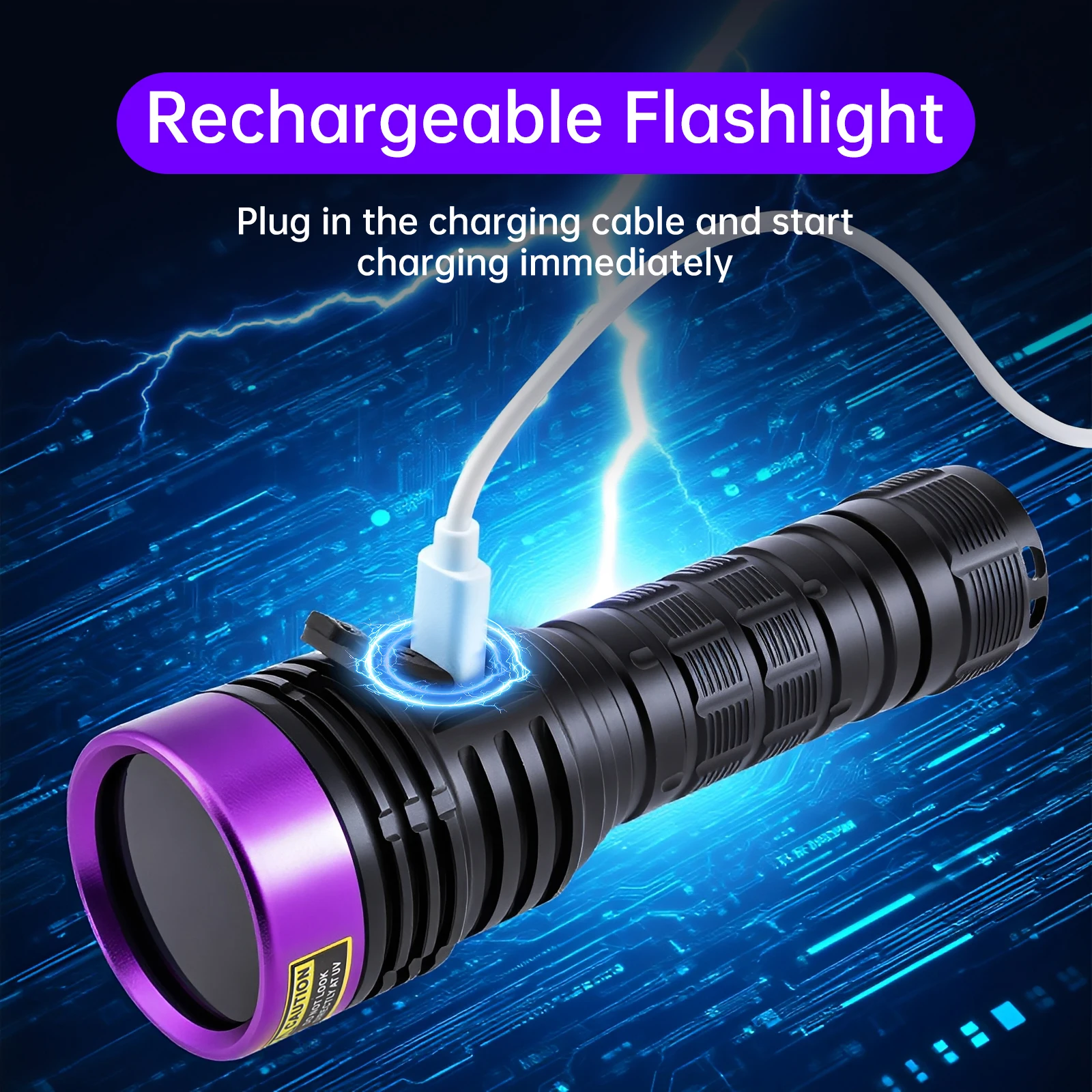 LED UV Flashlight 365nm Black Light for Pet Urine Uranium Glass Leak Detection Resin Curing 4-core 30W Rechargeable Blacklight