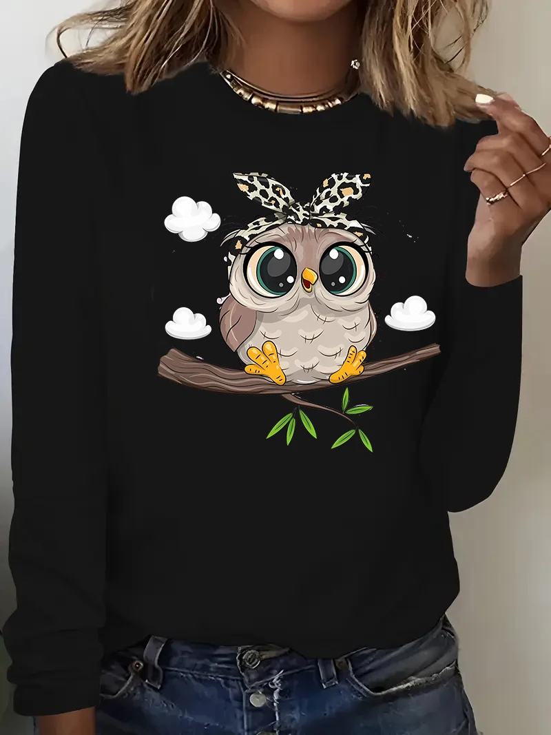 Kawaii Funny Cartoon Owl Print Long Sleeve Shirt Funny Gothic T Shirt Women's T-Shirt O-Neck Top Tee Tshirt Casual