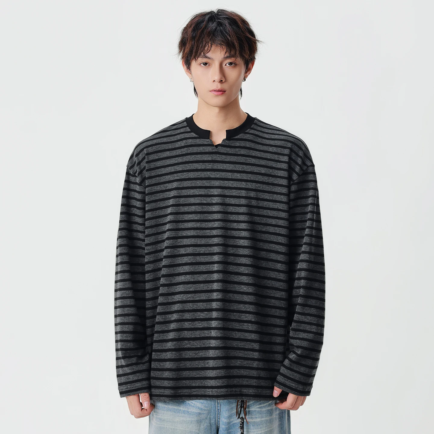 

Men's Spring Autumn Long Sleeve Loose Casual Stripe Plus Size T-Shirt Cityboy V-neck Bottom Tee Shirt Tops
