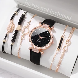 6PCS/Set Women's Fashion Watch Set Simple Dial Leather Quartz Watch With Love Leaf Bracelet