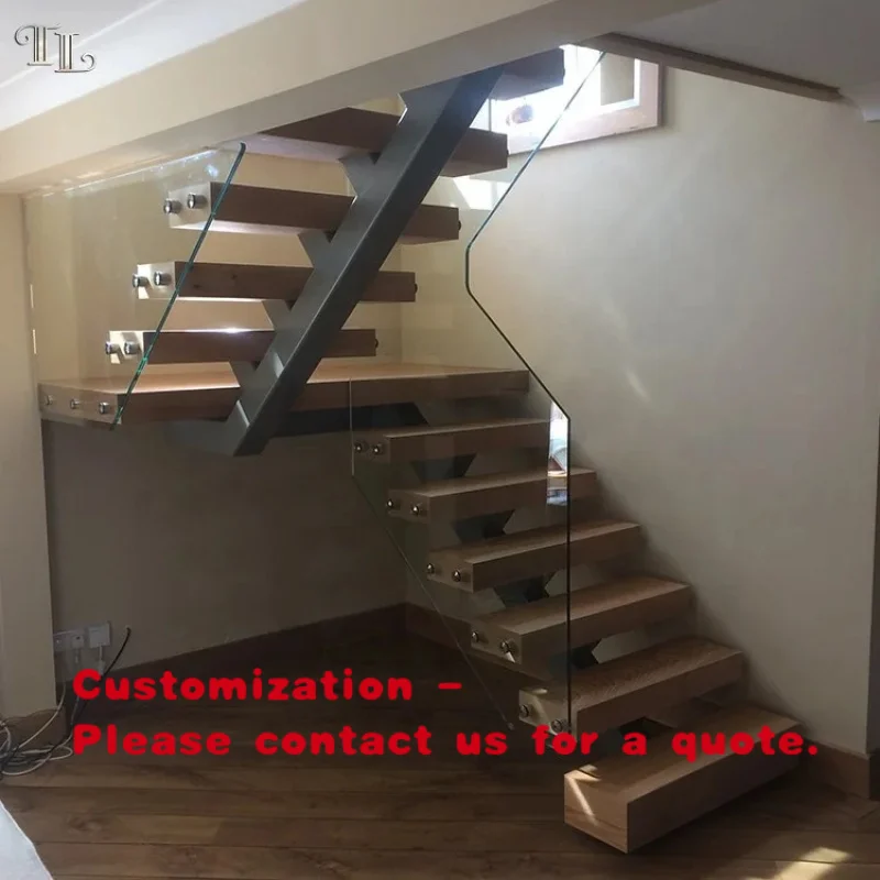custom.TL Modern Central Stringer Wood Staircase with Frameless Glass Railing Custom Open-Riser Industrial Stair