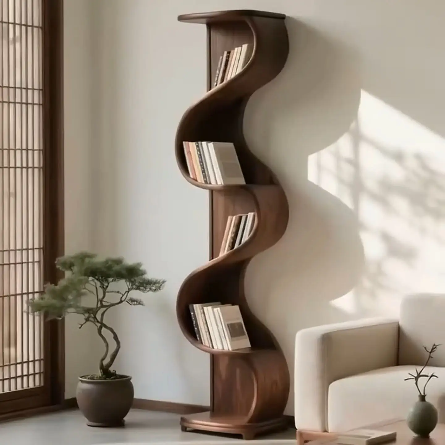 Medieval wabi-sabi wind North American black walnut bookshelf 2026 new solid wood shelf living room creative special-shaped