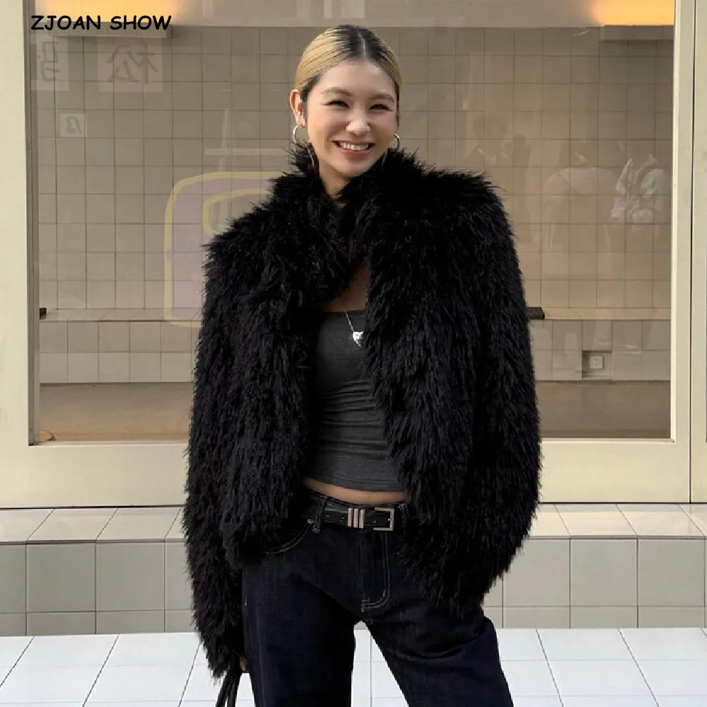 Winter Women Black Hairy Curly Faux Sheep Fur Coat Lapel Collar Long Sleeve Straight Short Warm Shaggy Jacket Korea Outerwear