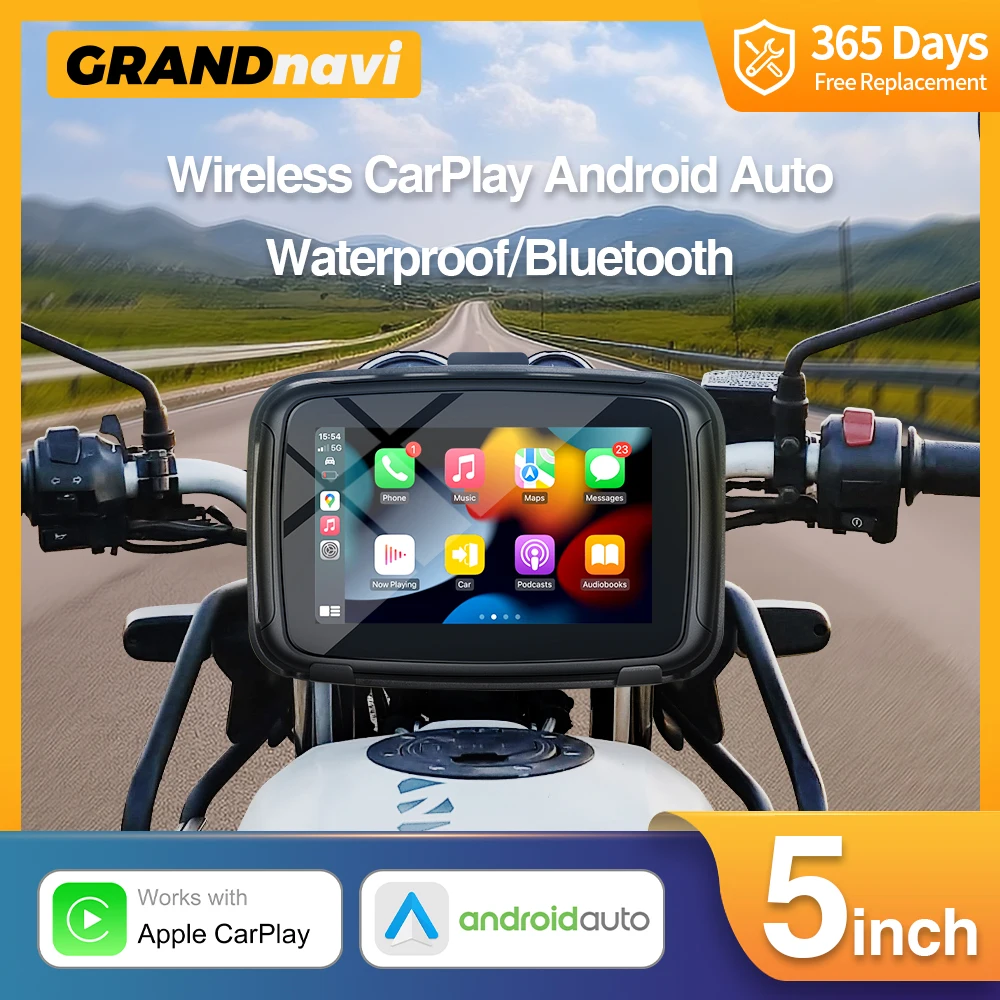 

Universal 5inch Portable Motorcycle Display Wireless Carplay Android Auto Player Waterproof IPX7 Dual Bluetooth Touch Screen