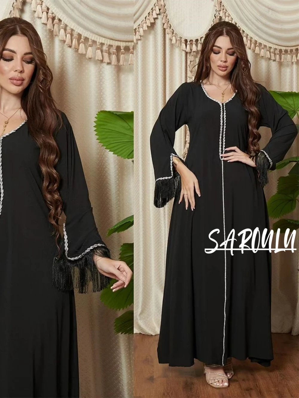 

Vintage Tassel Elegant O Neckline Evening Dress Arabic Women S-2XL Crystals Loose Robe Daily Party Muslim Long Sleeves Prom Gown