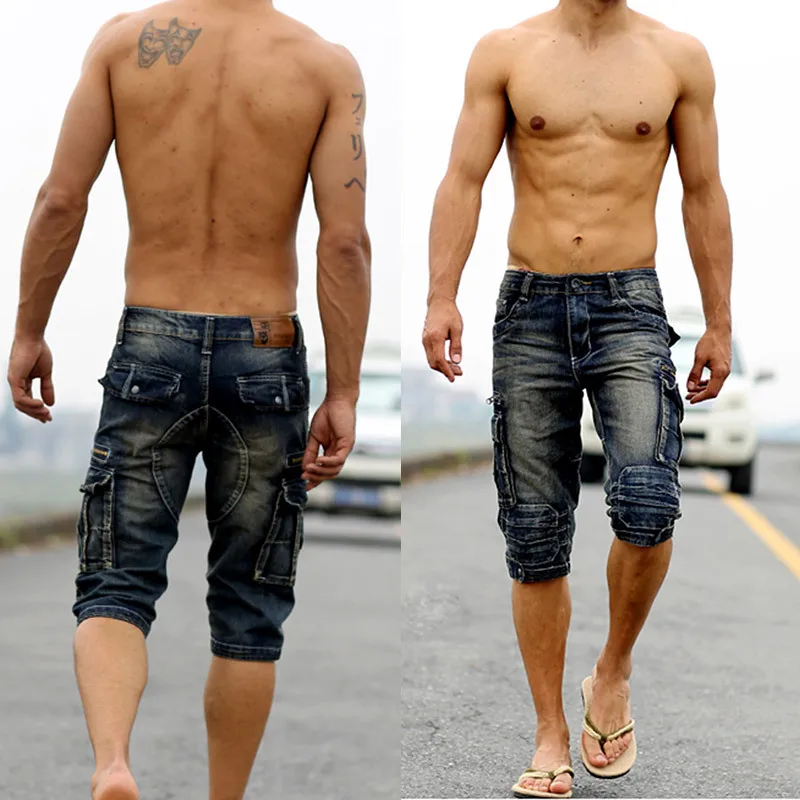 Vintage Washed Distressed Multi-Pocket Cargo Jeans Men's Casual 7/8 Length Shorts