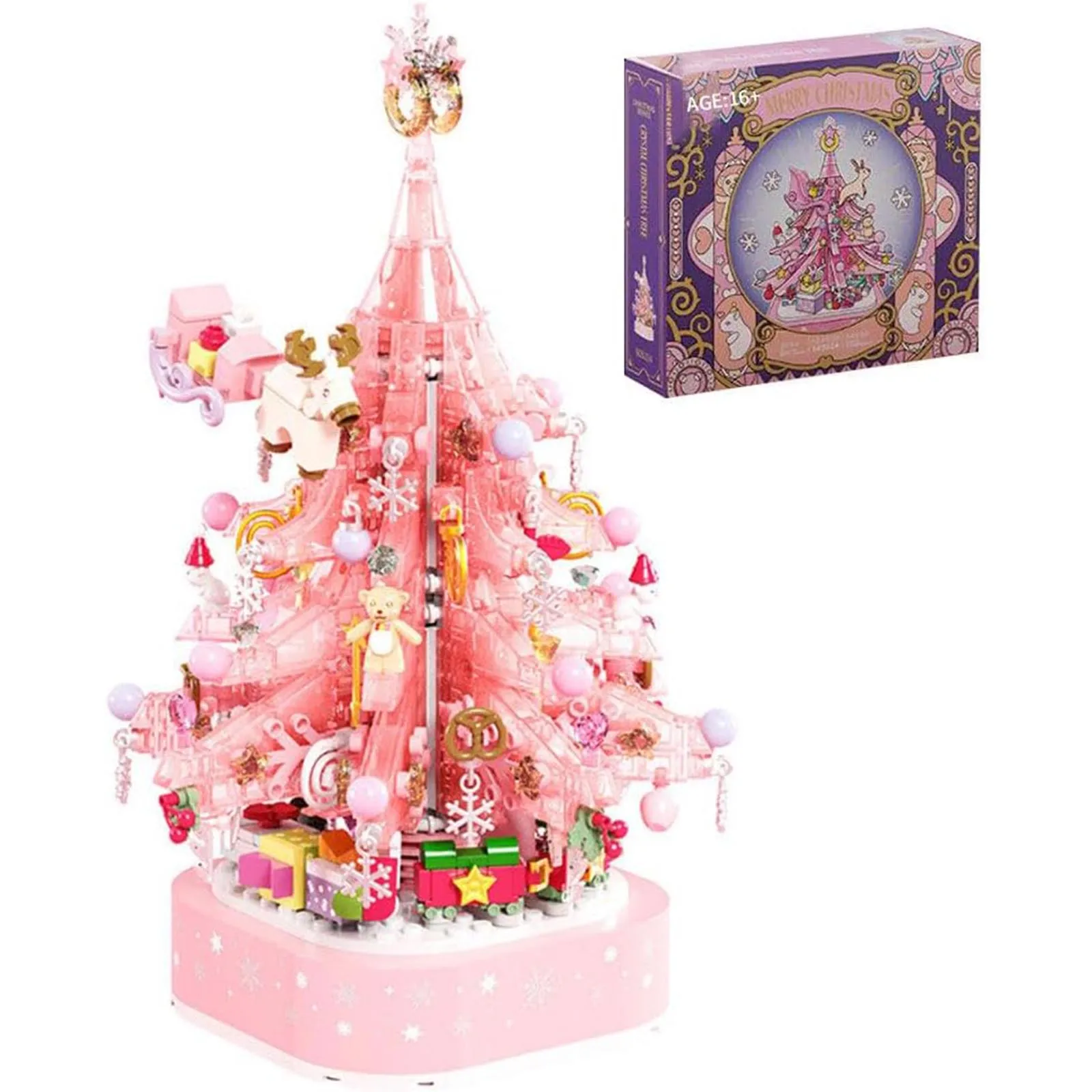 

Хрустальная рождественская елка, музыкальная шкатулка, строительный набор со светом, 675 шт., кирпичи для сборки своими руками, розовый